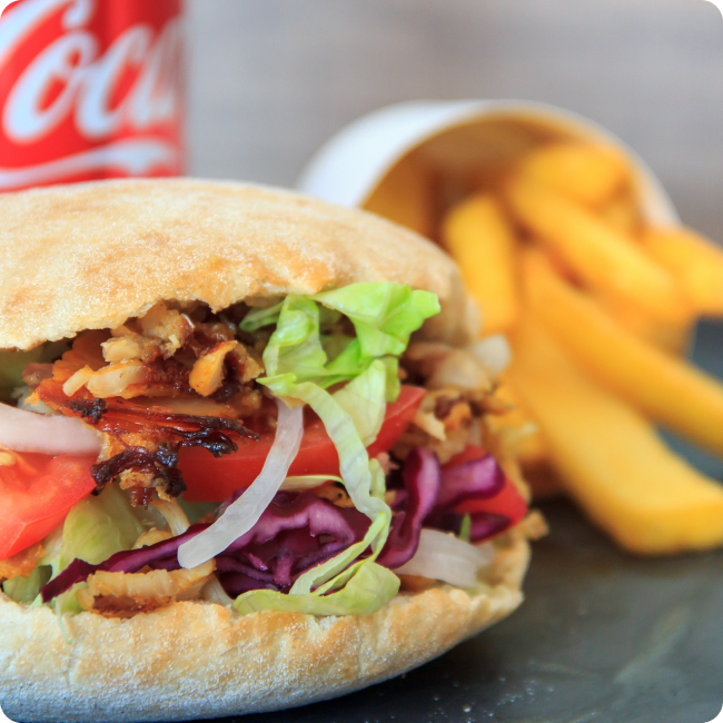 Kebab with french fries in the background